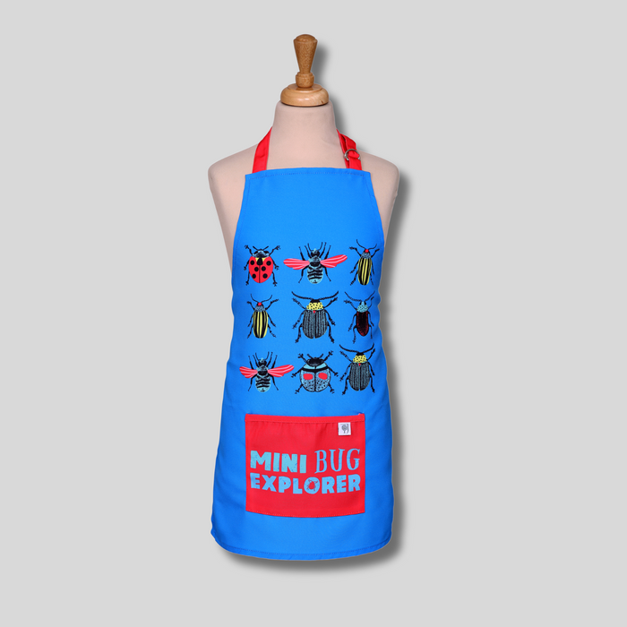 Eco-friendly RHS I Bug You apron for children in blue RPET, ideal for crafts and cooking

