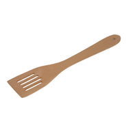 A wooden slotted spatula made of natural beechwood.