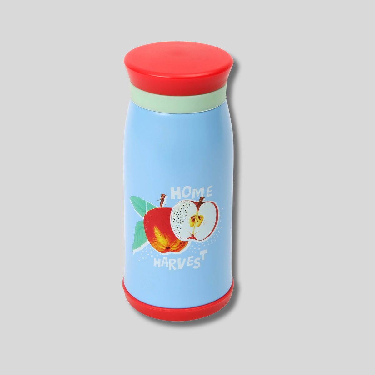 RHS Home Grown blue children’s stainless steel drinks bottle with apple design.

