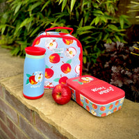 RHS Home Grown blue children’s stainless steel drinks bottle with apple design.

