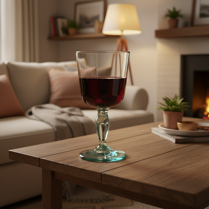 Glass of red wine on a wooden table in a cozy living room with a fireplace.