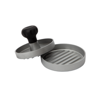 A cast aluminium hamburger press with a black handle, featuring ridged mould plates for creating burgers with a professional look.