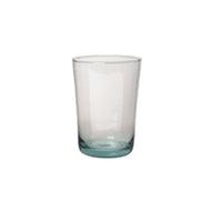 A clear recycled glass tumbler with a visible blue tint at the bottom.