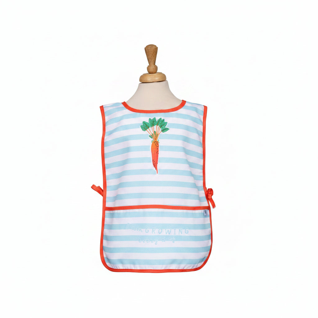 RHS Home Grown carrot-themed children’s apron made from eco-friendly RPET for messy play

