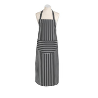A long adult apron with a classic butcher's stripe pattern in a slate grey color, displayed on a mannequin.